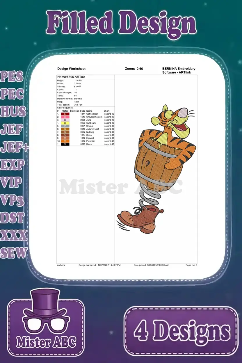 Design worksheet for the fourth Tigger embroidery, depicting him comically popping out of a barrel on a spring.
