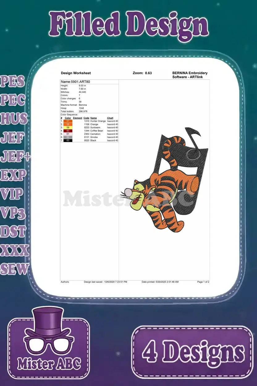 Detailed embroidery worksheet for Tigger with a musical note, showing stitch count, colors, and design specifics.