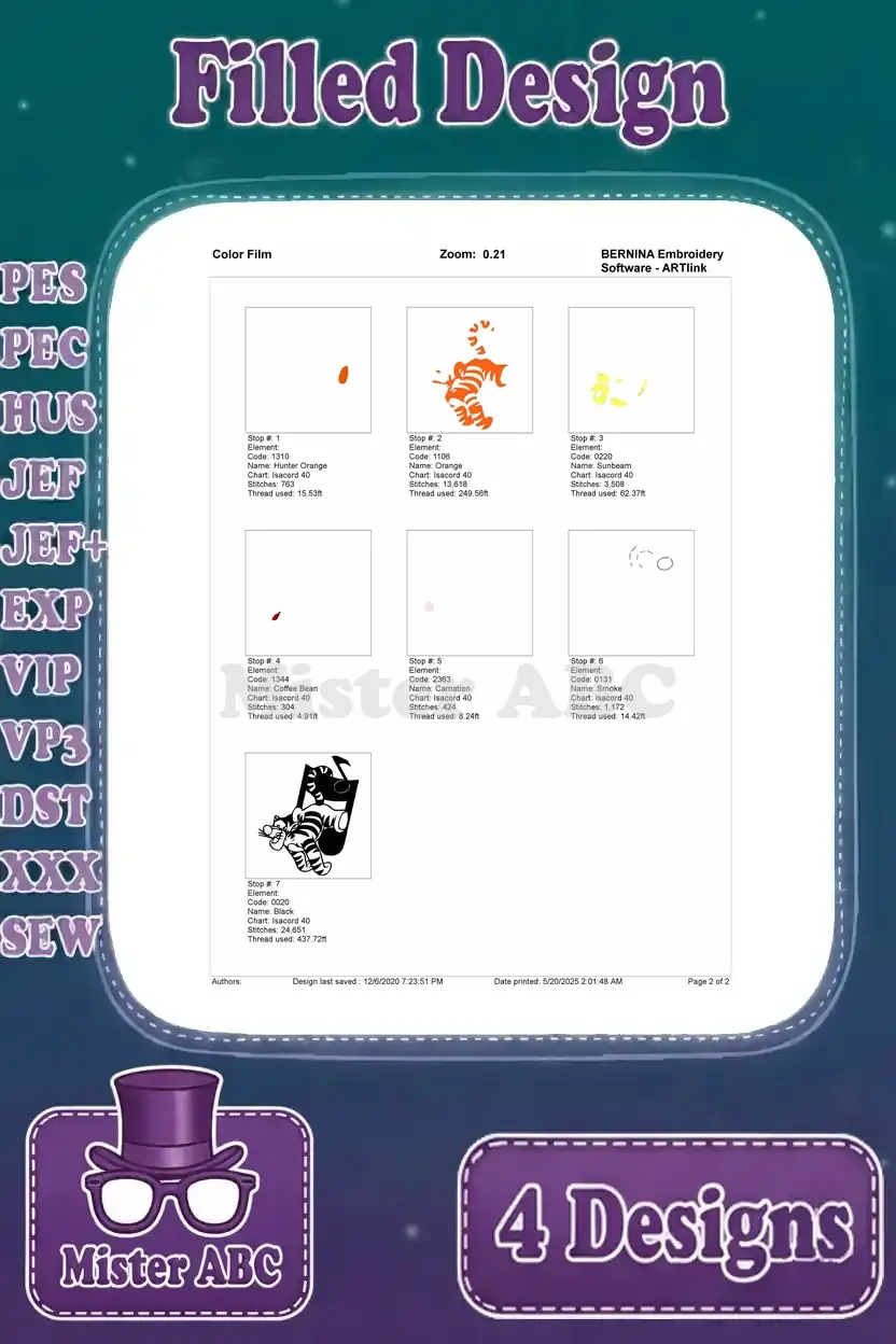 Color film breakdown for Tigger with musical note embroidery, illustrating the precise layering of thread colors.