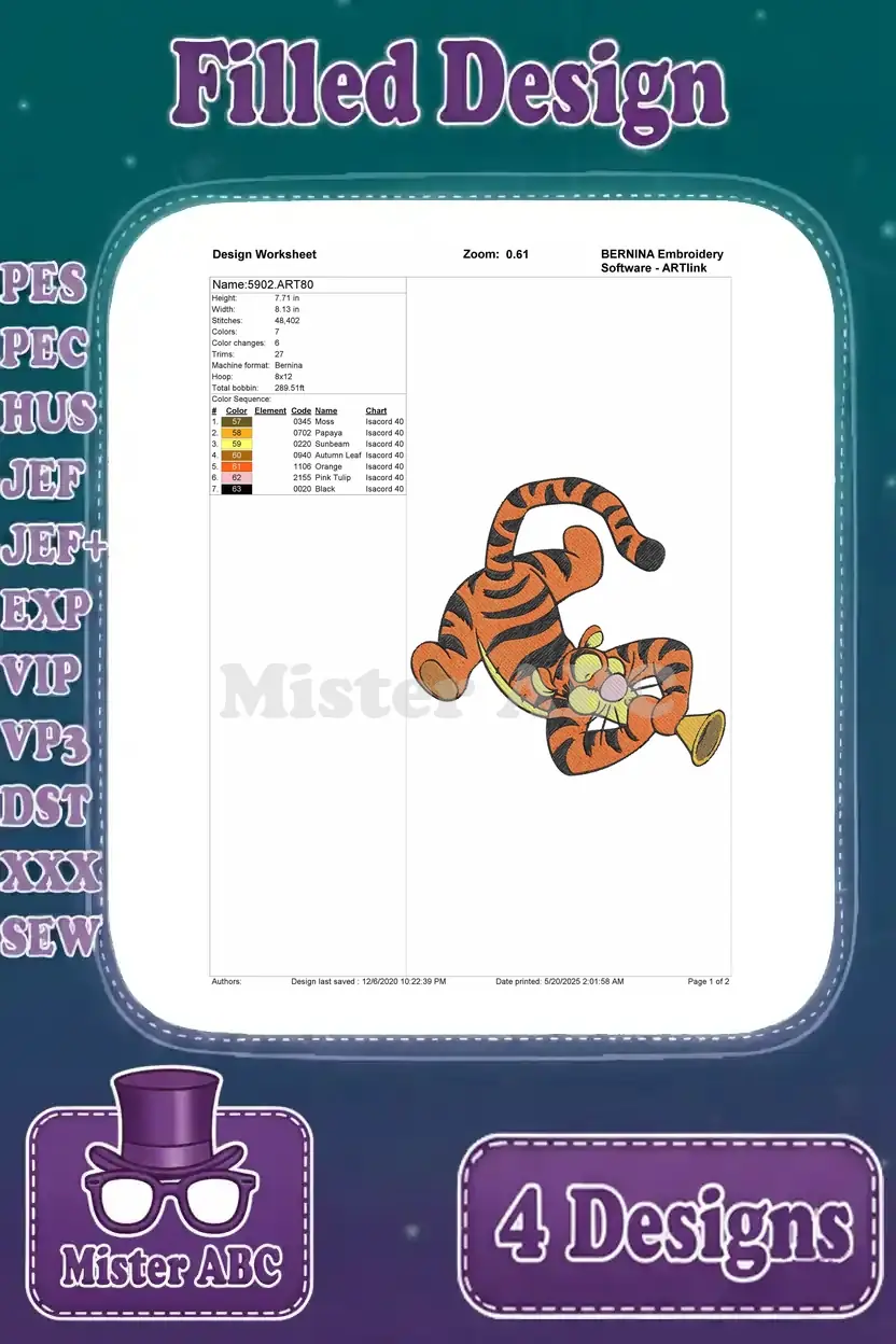 Embroidery design worksheet for Tigger playing a trumpet, detailing thread colors, stitch count, and dimensions.
