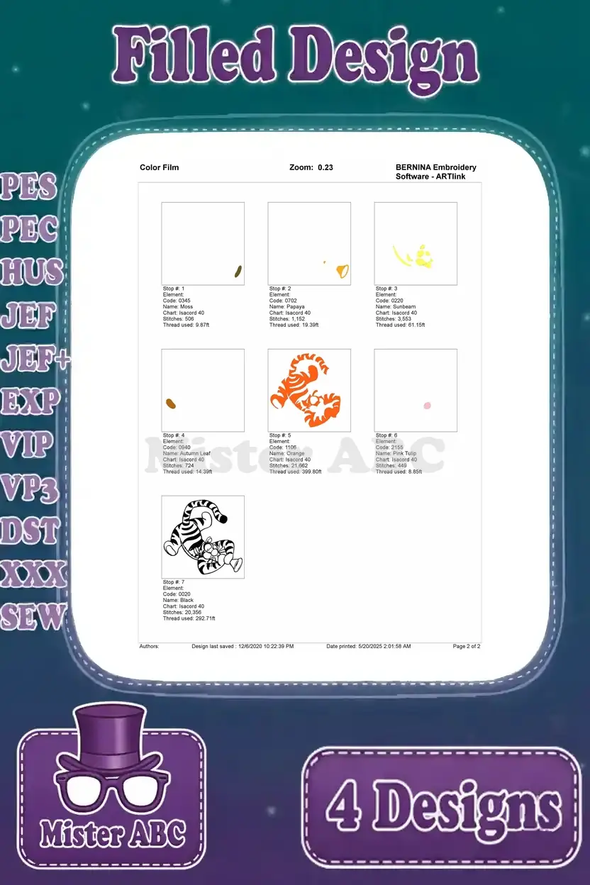 Color film guide for the Tigger playing trumpet embroidery design, showing the sequence of thread application.