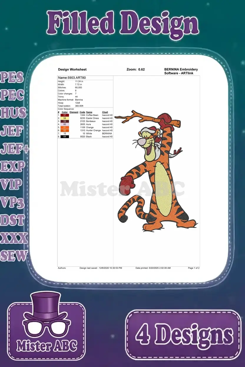 Worksheet for the Tigger standing design, outlining stitch count, color changes, and essential embroidery parameters.