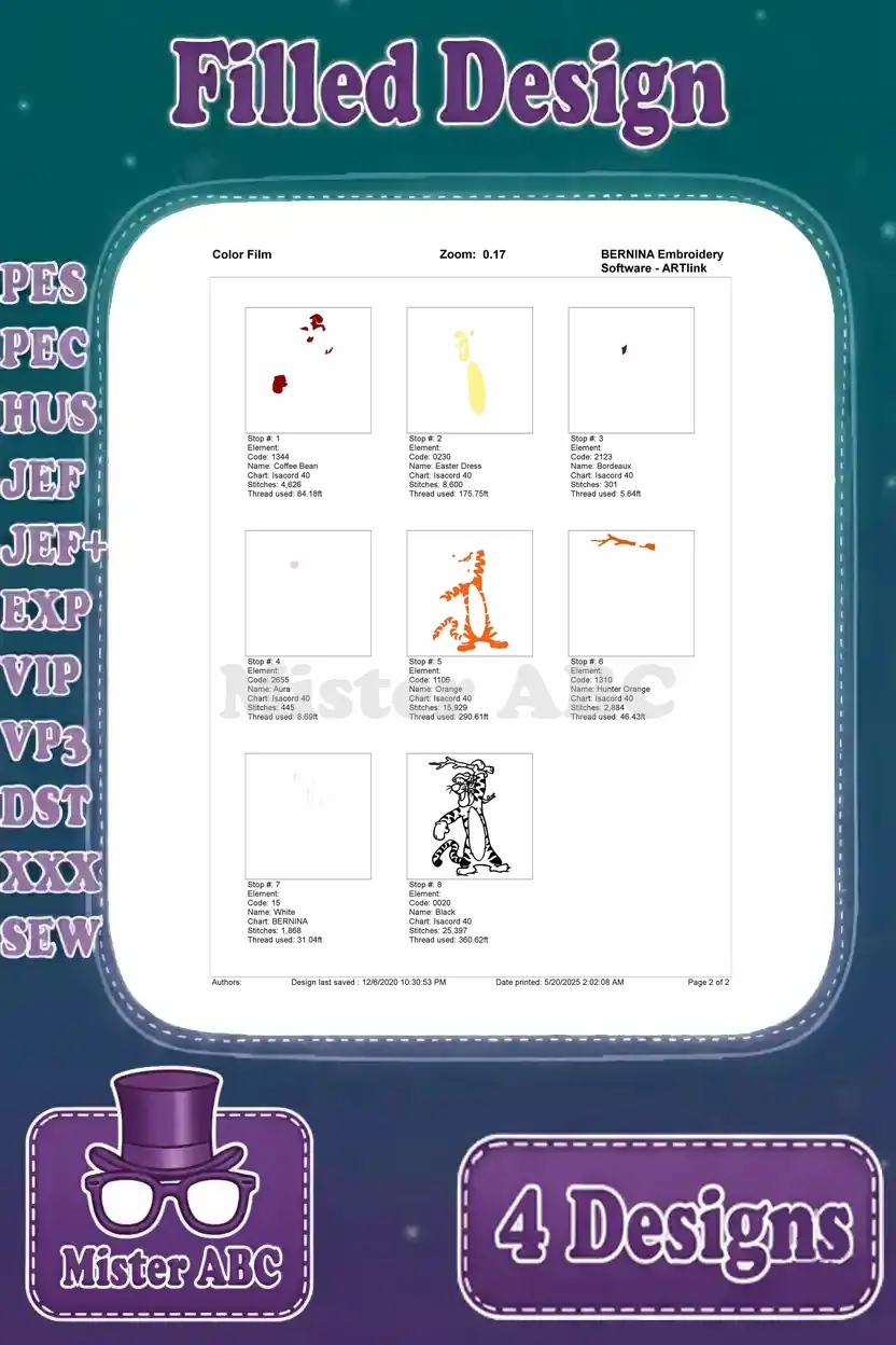 Color film for the Tigger standing embroidery design, detailing the exact order and application of each thread color.