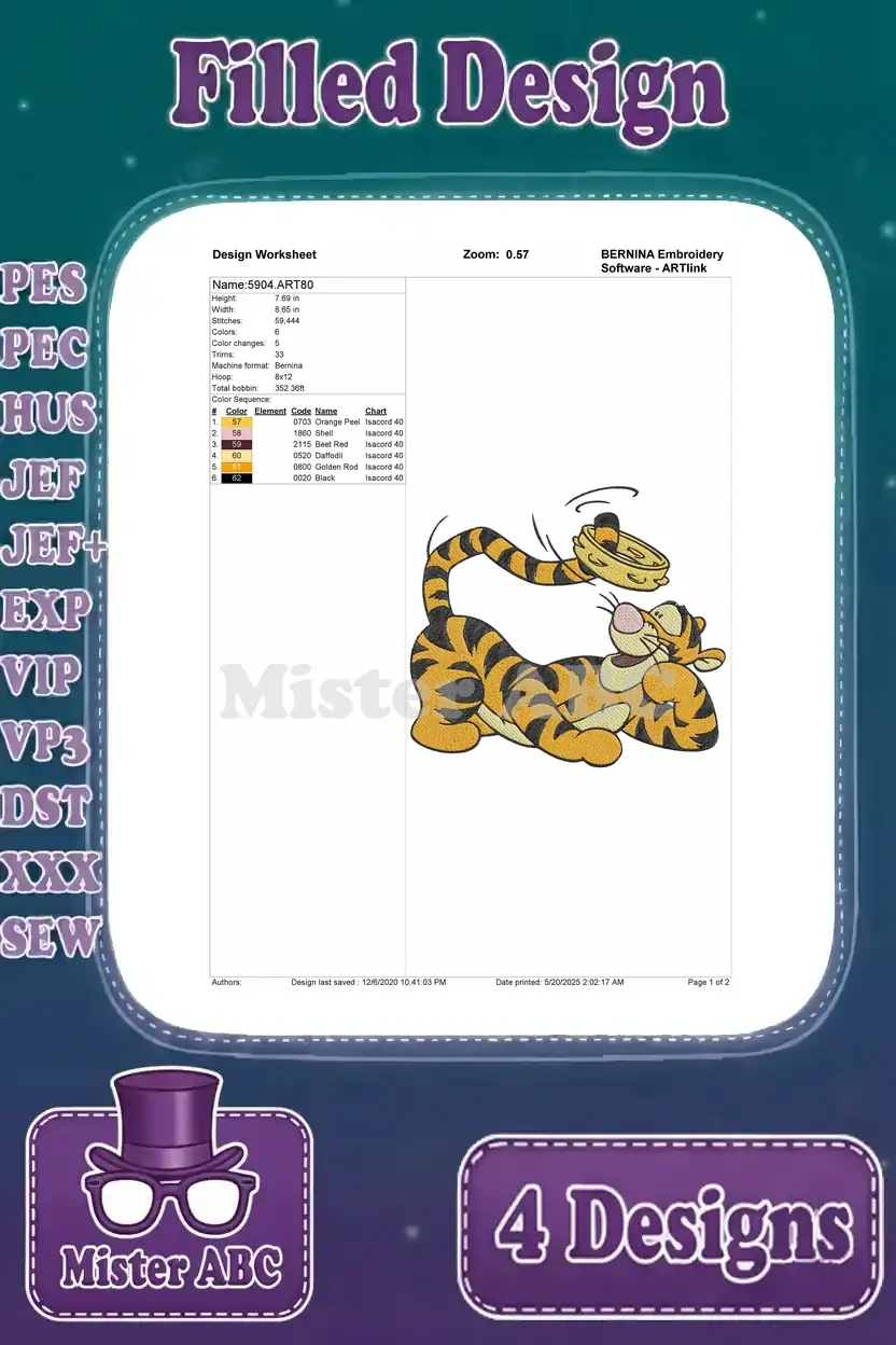 Embroidery worksheet for Tigger playing cymbals, with detailed stitch information, color chart, and design size.