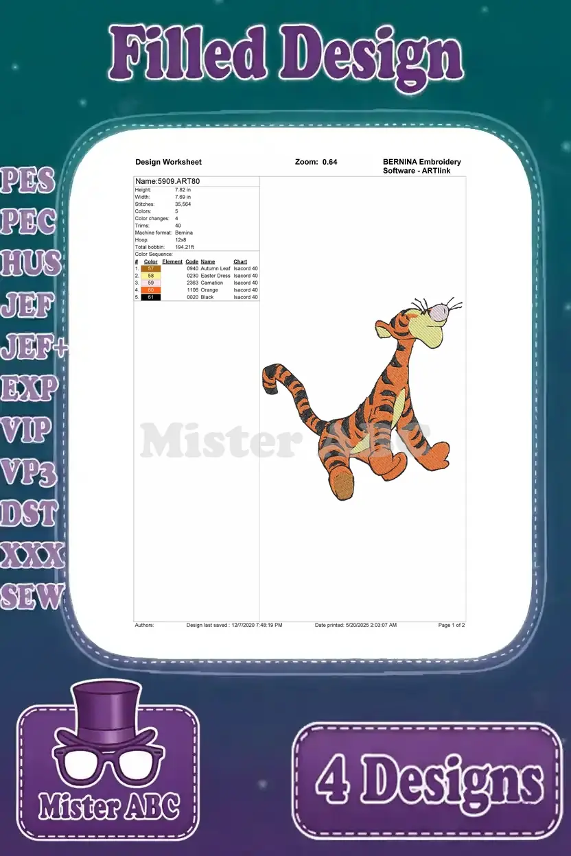 Detailed design worksheet for the first Tigger embroidery, showing stitch count, colors, and hoop size specifications.