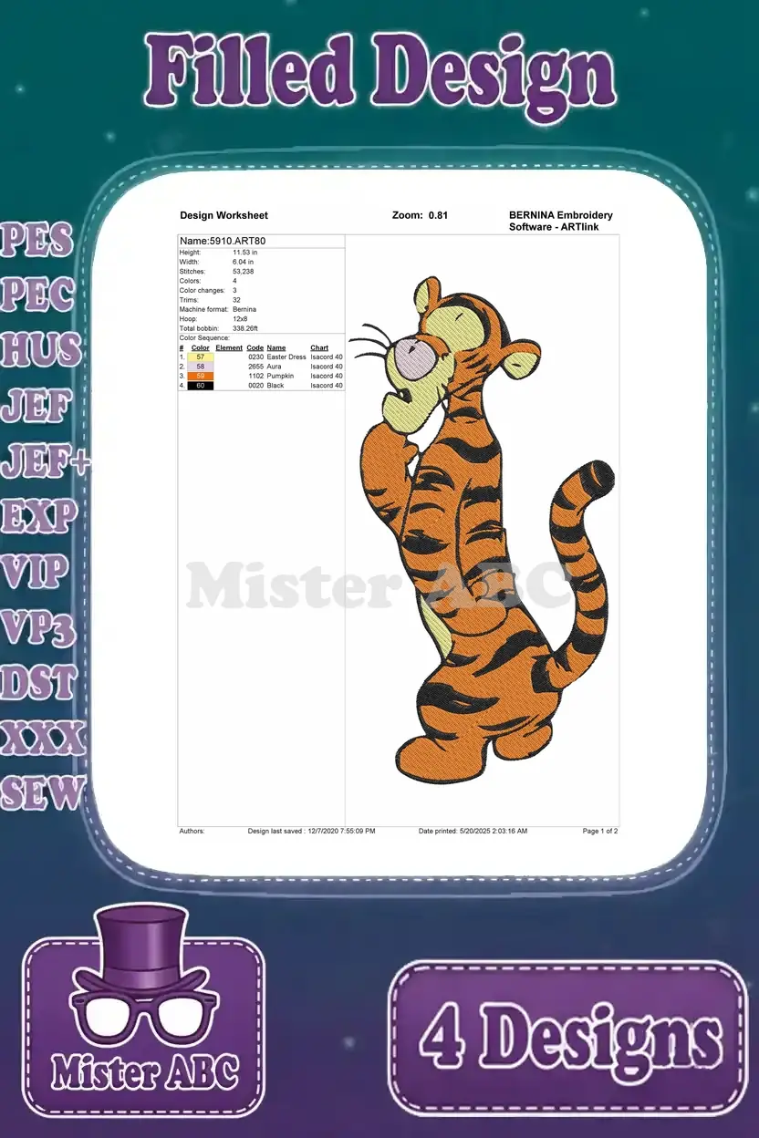 Comprehensive design worksheet for the second Tigger embroidery, detailing stitches, colors, and dimensions.