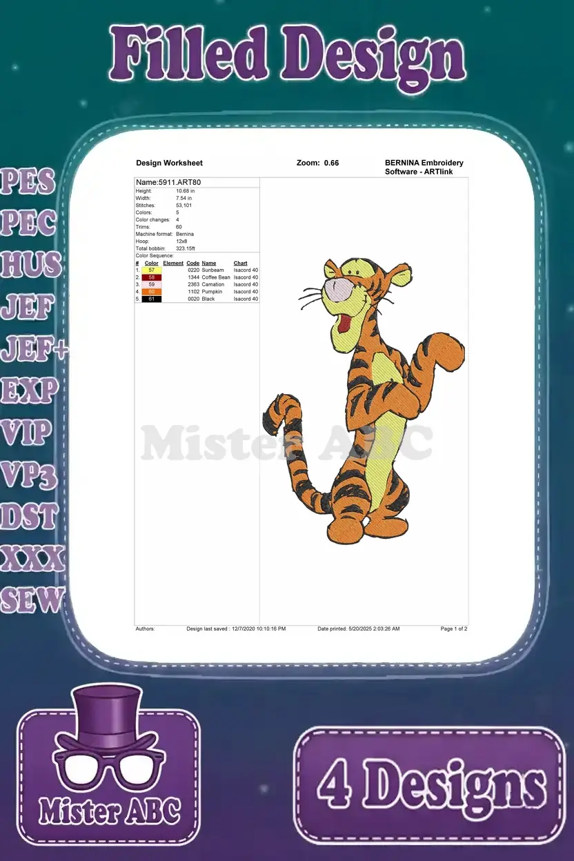 Detailed design worksheet for the third Tigger embroidery, outlining all necessary stitch and color information.