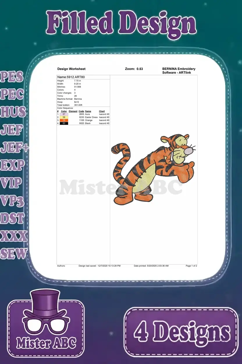 Design worksheet for the fourth Tigger embroidery, providing comprehensive details on stitches, colors, and sizing.