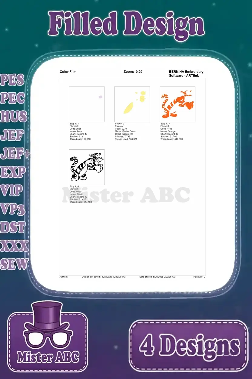 Color film breakdown for the fourth Tigger embroidery design, detailing each color stop and stitch progression.