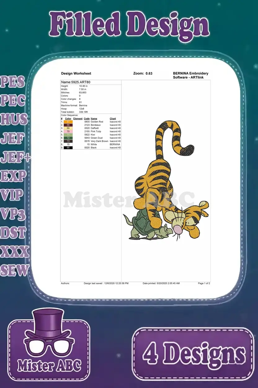 A detailed embroidery design worksheet for Tigger playing with a turtle, showing stitch count, color changes, and thread chart.