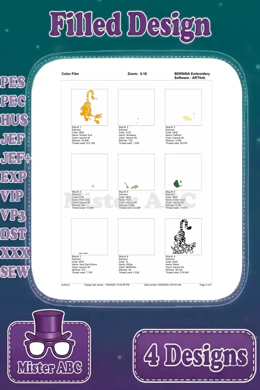 A color film chart detailing the stitch sequence and thread changes for the Tigger playing with a turtle embroidery design.