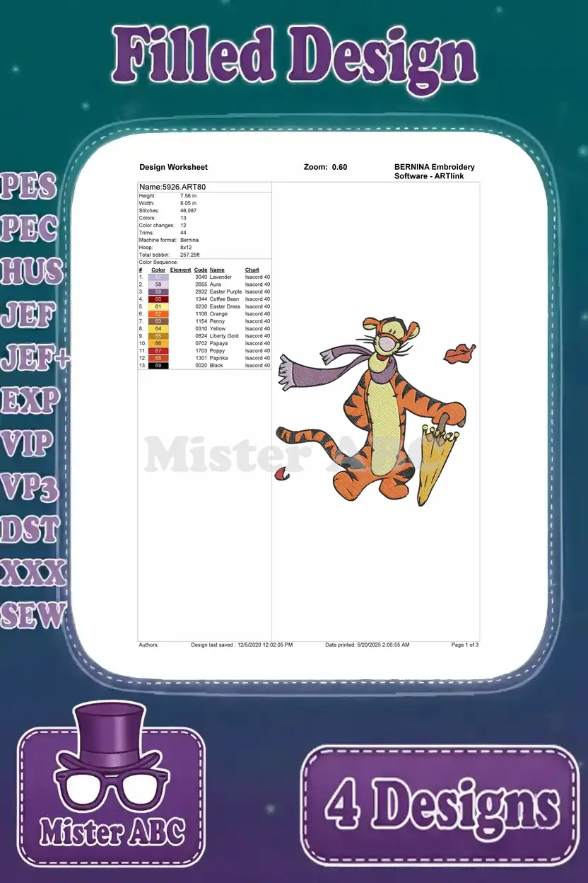 A comprehensive embroidery design worksheet for Tigger with a scarf and umbrella, detailing stitches, colors, and thread.