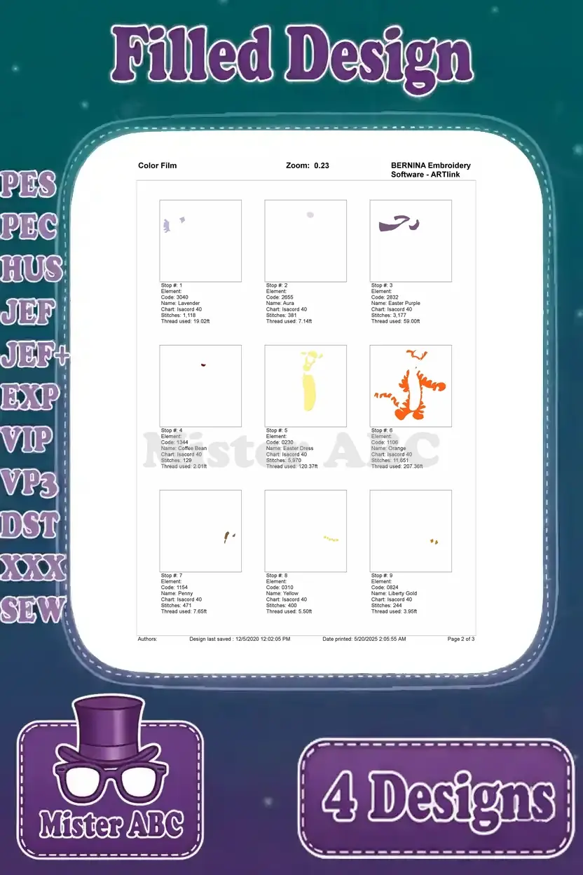 The first page of the color film for Tigger with scarf and umbrella, showing initial stitch steps and thread changes.
