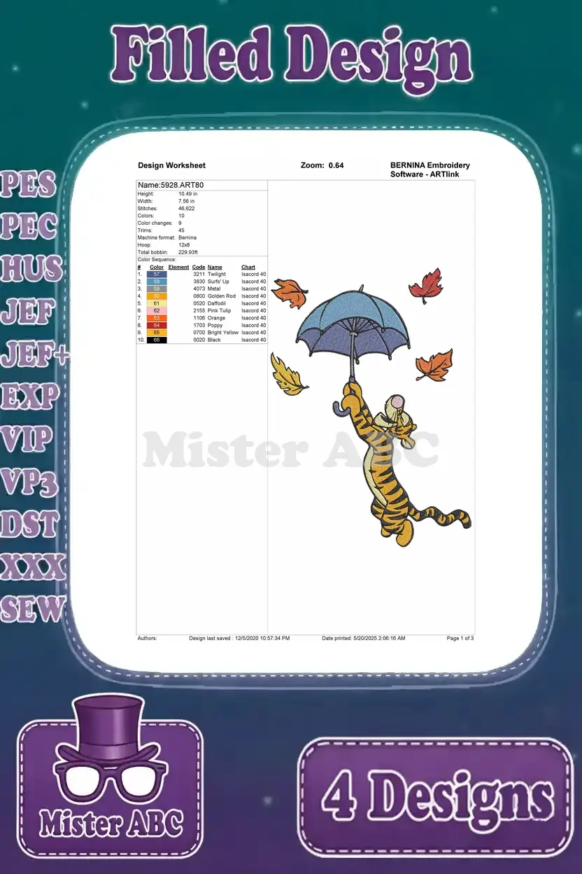 A detailed embroidery design worksheet for Tigger flying with an umbrella and leaves, showing stitches, colors, and thread.