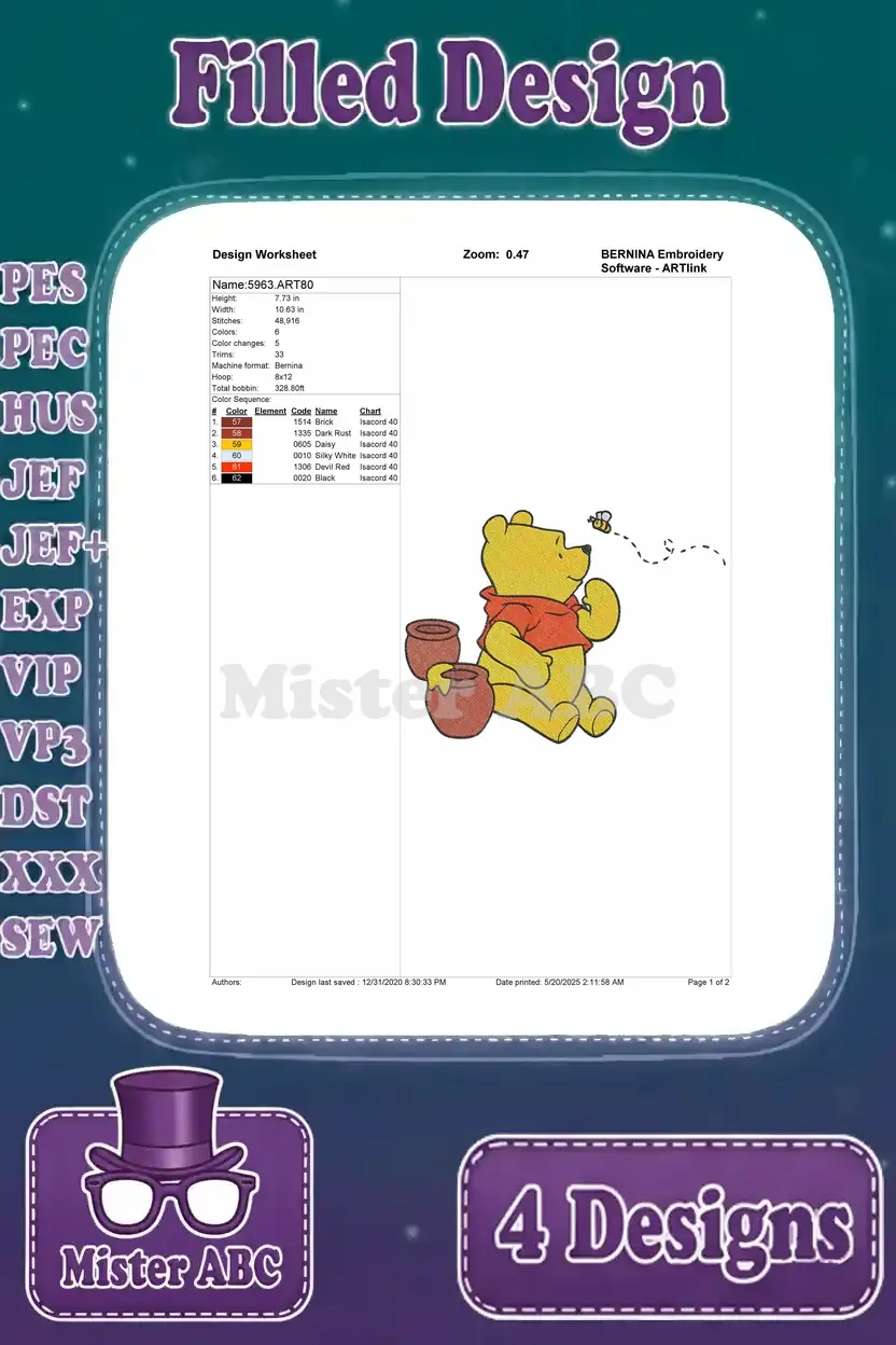Detailed design worksheet for the first Winnie the Pooh embroidery pattern, showing stitch count, colors, and hoop size.