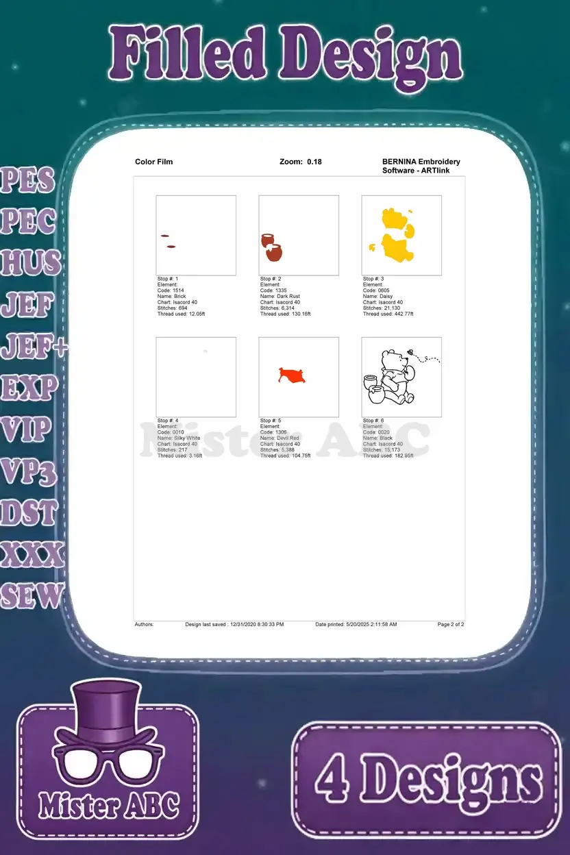 Color film breakdown for the first Winnie the Pooh design, illustrating the sequence of thread colors and stitch layers.
