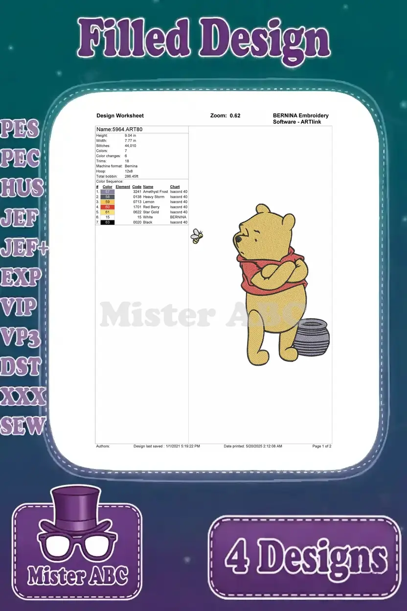 Detailed design worksheet for the second Winnie the Pooh embroidery pattern, showcasing stitch count, colors, and hoop size.