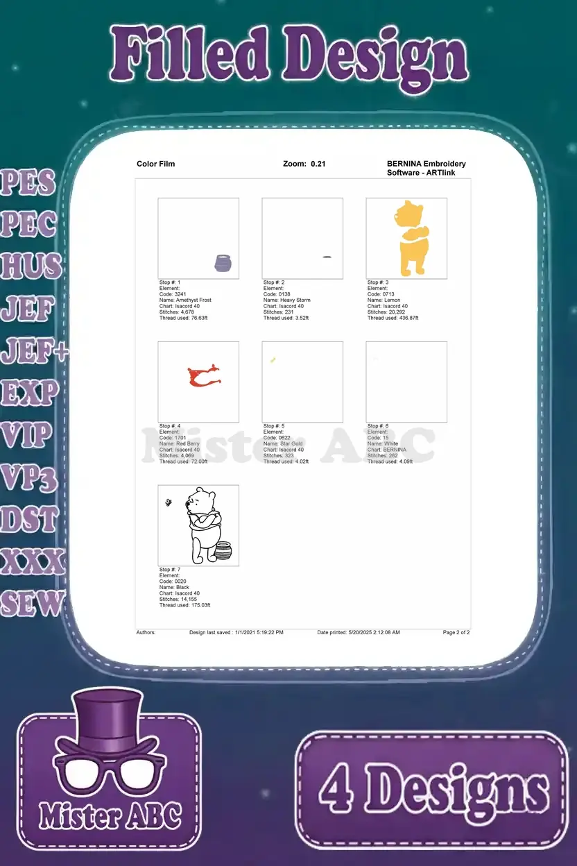 Color film breakdown for the second Winnie the Pooh design, illustrating the sequence of thread colors and stitch layers.