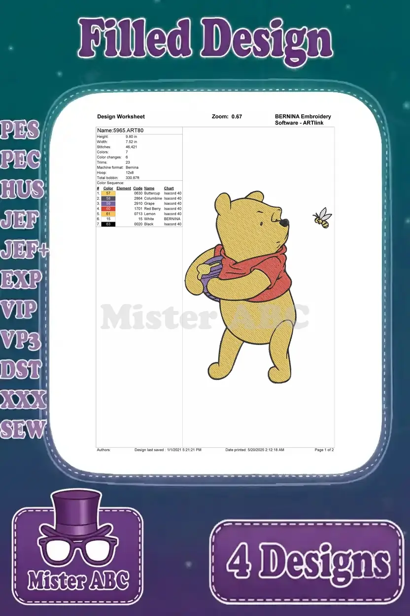 Detailed design worksheet for the third Winnie the Pooh embroidery pattern, providing stitch count, colors, and hoop size.
