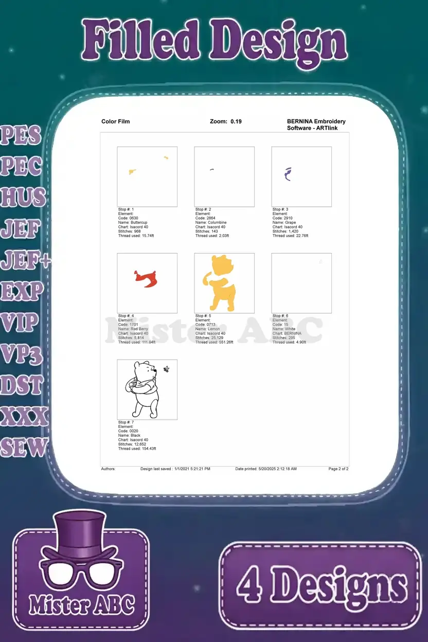 Color film breakdown for the third Winnie the Pooh design, illustrating the sequence of thread colors and stitch layers.
