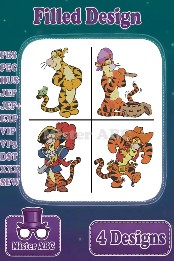 Main product image showing a grid of four unique Tigger filled embroidery designs in various fun costumes.