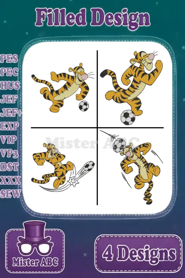 Four vibrant Tigger embroidery designs, each depicting Tigger playing soccer, framed by a list of compatible machine formats.
