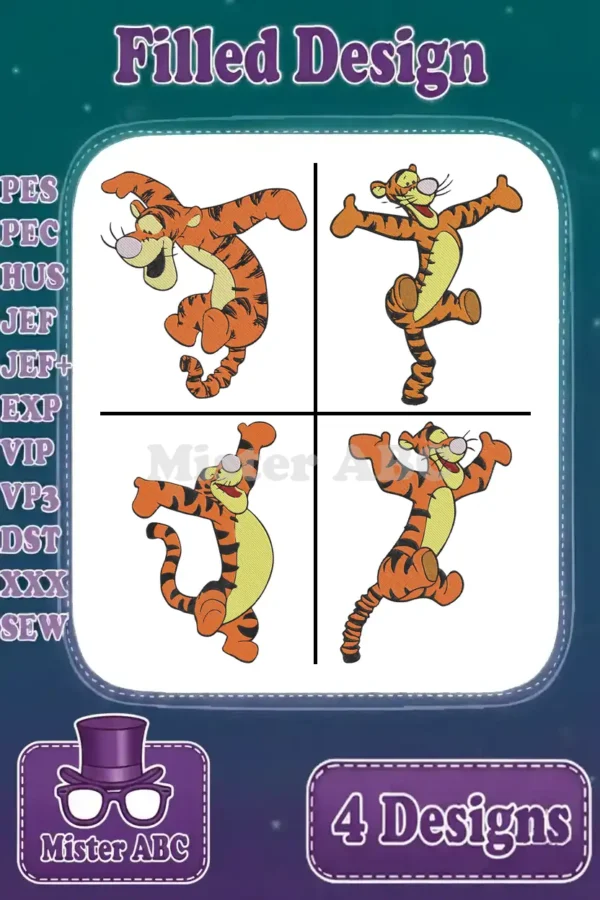 A vibrant embroidery bundle featuring four filled designs of Tigger in various playful, bouncing poses, ready for stitching.