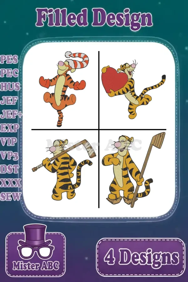 A vibrant embroidery bundle displaying four distinct Tigger designs: bouncing, holding a heart, and two hockey poses. Includes multiple file formats.