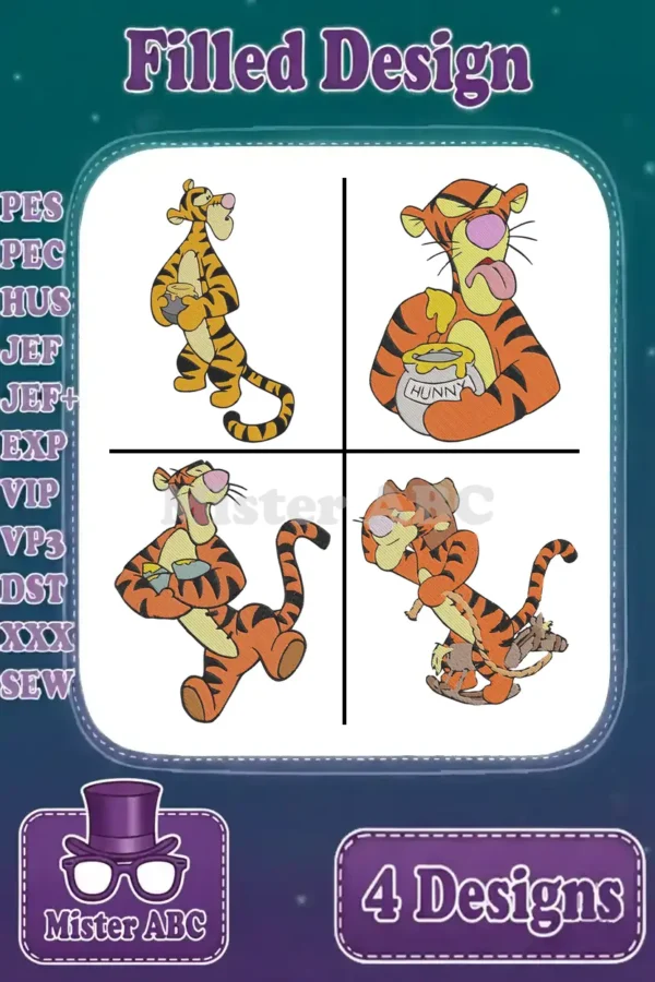 Four vibrant Tigger embroidery designs, showcasing various playful poses and a honey pot, in a filled stitch style.