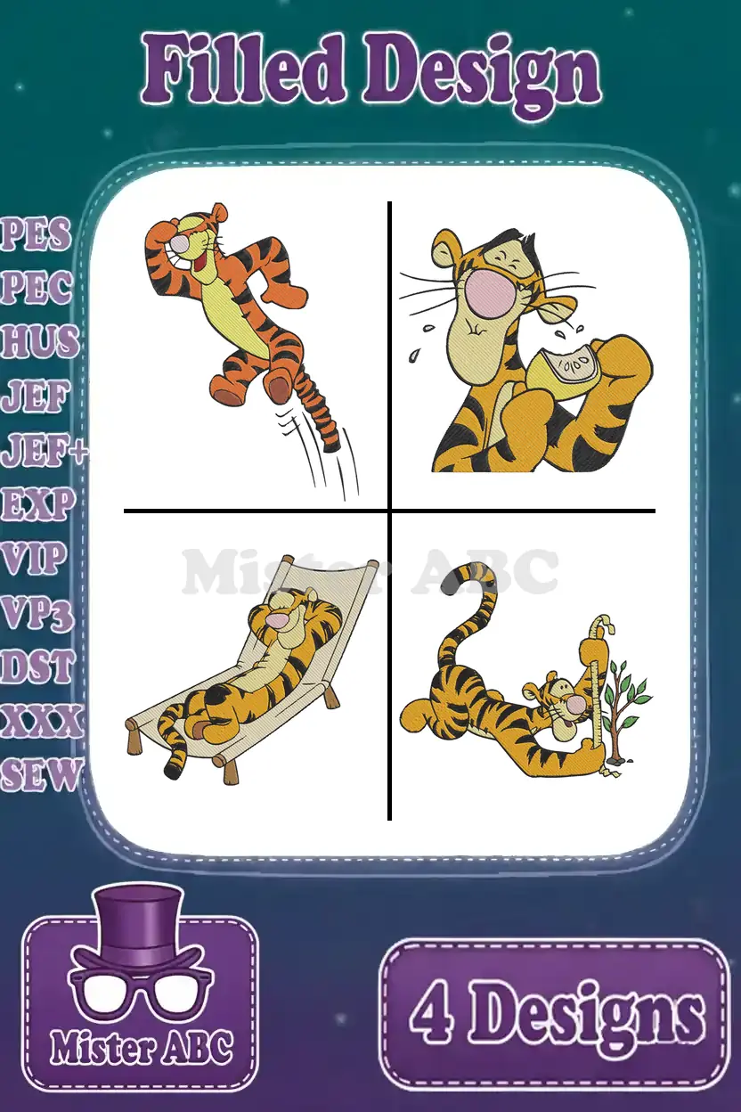 A vibrant bundle showcasing four unique Tigger embroidery designs in various playful poses, ideal for fans of Winnie the Pooh.