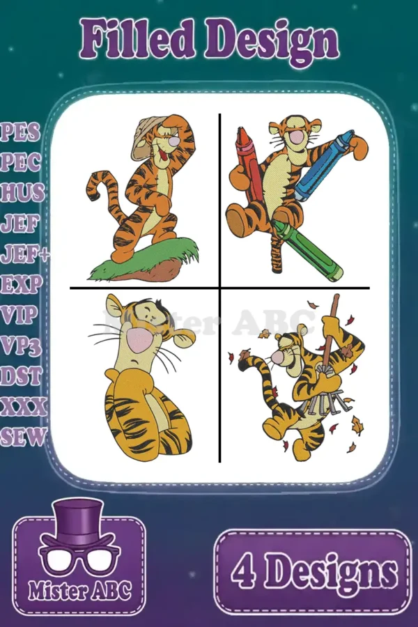 A vibrant bundle of four unique Tigger filled embroidery designs, showcasing various playful poses and expressions.