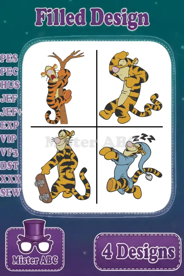 A vibrant embroidery bundle featuring four unique Tigger designs: climbing a tree, stretching, skateboarding, and in pajamas. A must-have.