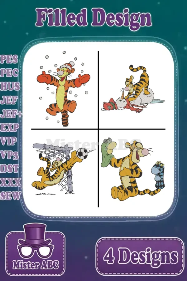Four filled embroidery designs featuring Tigger in playful poses, including winter fun, football, and sock play.