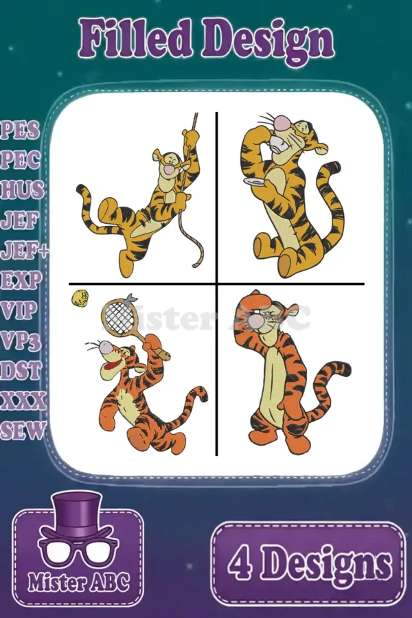Tigger embroidery designs bundle, featuring four unique poses, available in multiple machine formats for crafters.