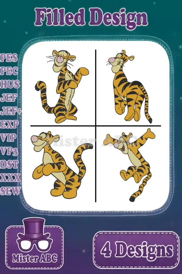 Four vibrant Tigger filled embroidery designs, each in a unique playful pose, ready for various machine formats.