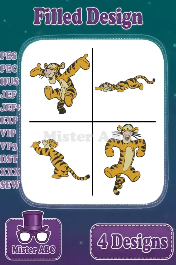 A vibrant collection of four Tigger filled embroidery designs, showcasing dynamic poses and available file formats.