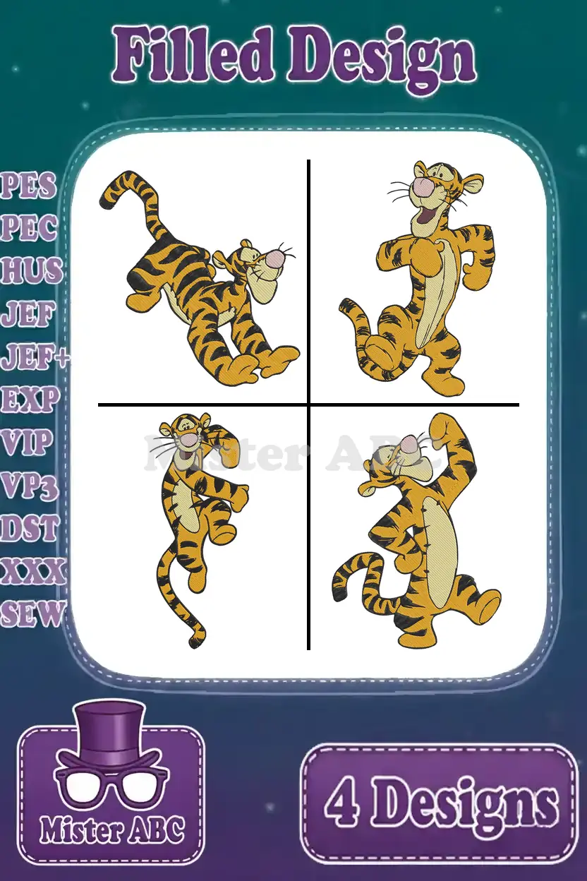 A vibrant grid of four Tigger embroidery designs, showcasing various playful poses and supported file formats.