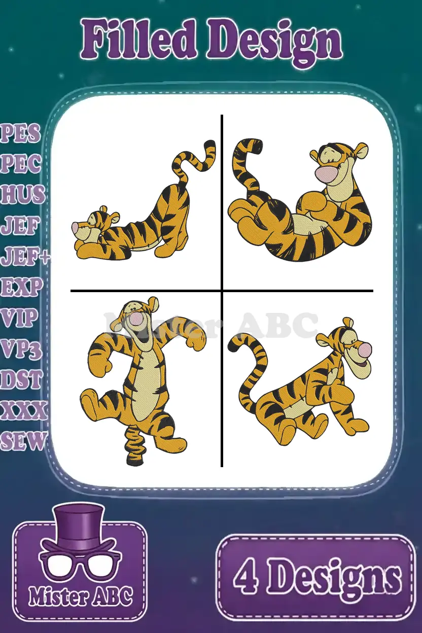 A grid displaying four distinct filled embroidery designs of Tigger in various playful poses, surrounded by supported file formats.