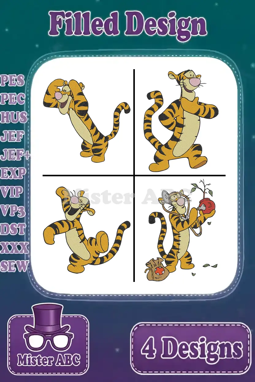 A vibrant display of four unique Tigger filled embroidery designs, showcasing various playful poses and expressions.