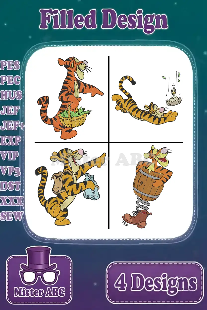 A vibrant grid showcasing four distinct filled embroidery designs of Tigger from Winnie the Pooh, ready for stitching.
