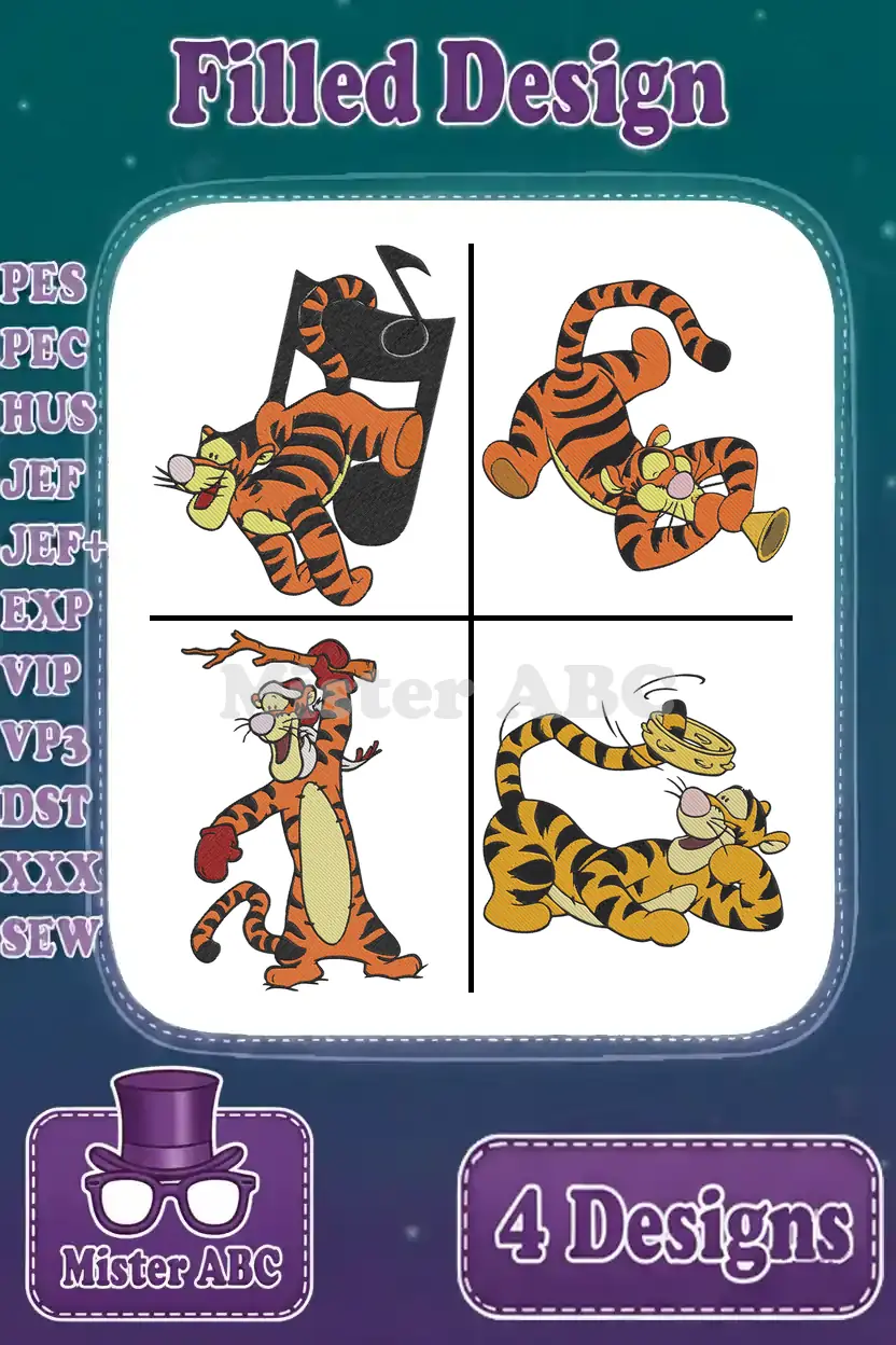 Four vibrant filled embroidery designs of Tigger in playful poses, showcasing available file formats like PES, JEF, DST.