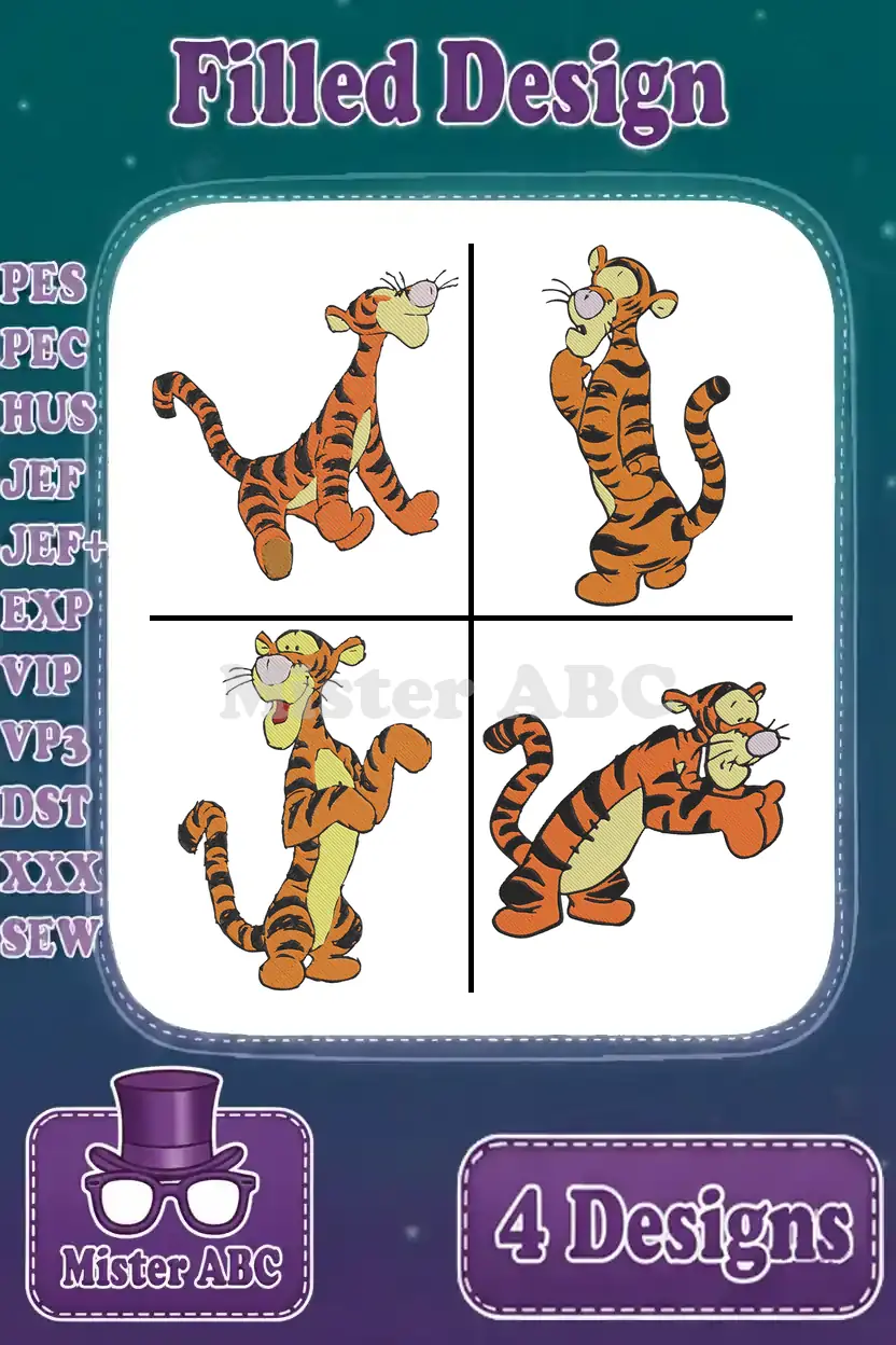 A vibrant collection of four Tigger filled embroidery designs, showcasing different playful poses and available formats.