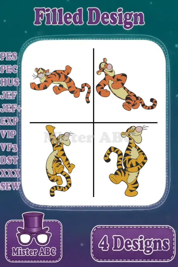 Four vibrant Tigger filled embroidery designs showcasing various playful poses, ideal for machine embroidery projects on fabrics.