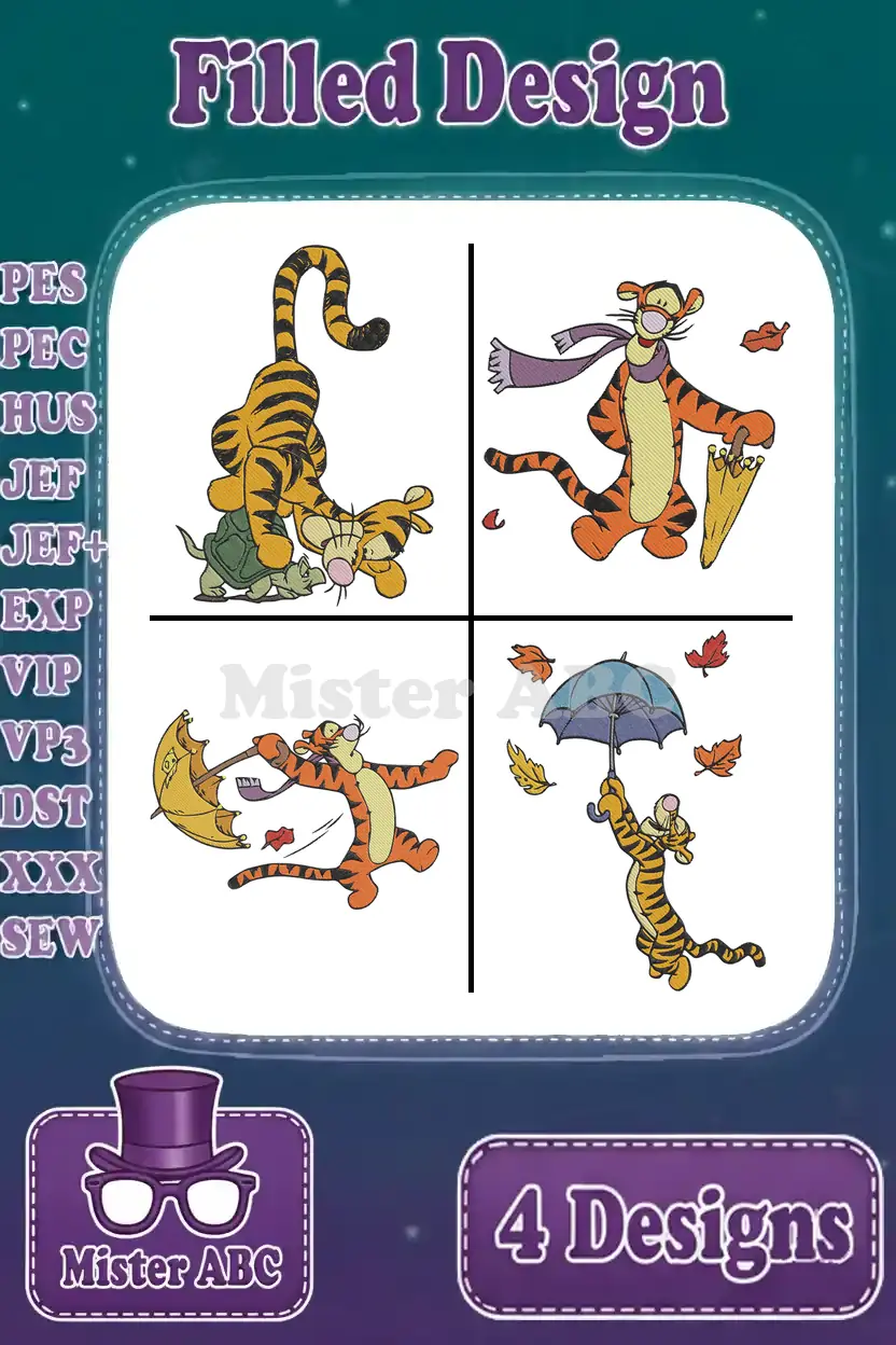 A vibrant display of four filled Tigger embroidery designs, showcasing various playful poses and supported file formats.