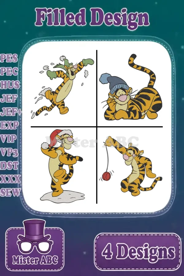 A vibrant collage of four Tigger embroidery designs. Tigger splashes in snow, lounges in a beanie, dances in a Santa hat, and plays with a yo-yo, all filled stitch designs.