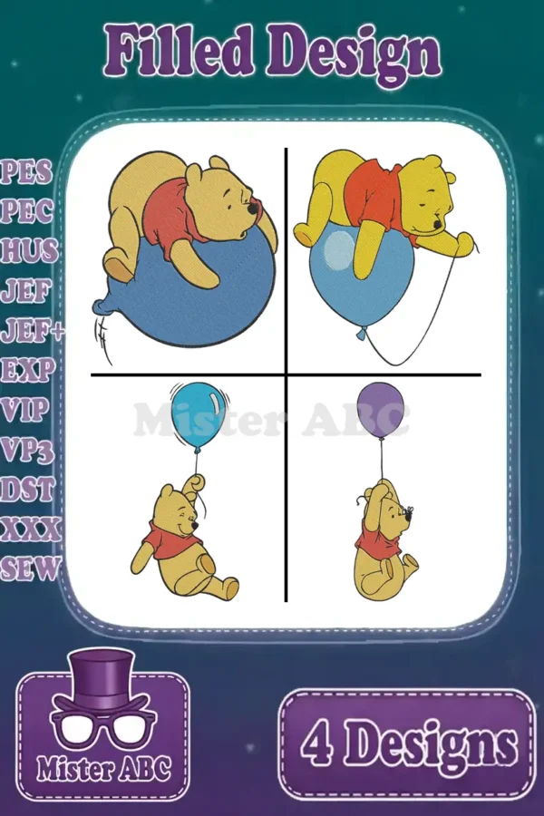 A delightful collection of four Winnie the Pooh filled embroidery designs, each featuring Pooh Bear with balloons.