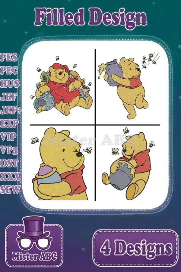 Four vibrant Winnie the Pooh embroidery designs, each featuring Pooh Bear with honey pots and bees, showcasing various stitch formats.