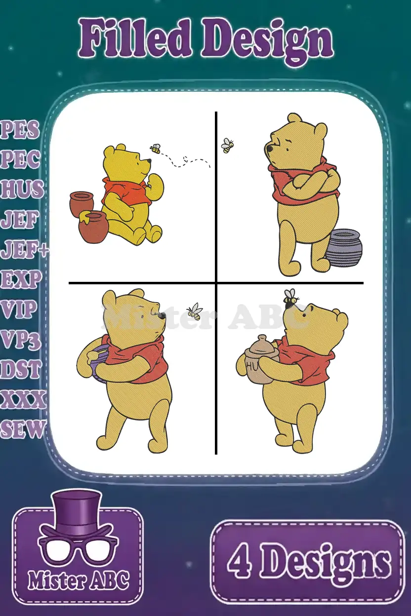A composite image displaying four distinct Winnie the Pooh filled machine embroidery designs, ready for various projects and formats.