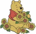 Winnie The Pooh Bear With Flower Fishing Autumn Leaves And Sunflowers - Filled Embroidery Design - 5994