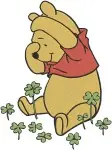 Winnie The Pooh Bear With Shamrocks Sunflowers By Tree And Holding Flowers - Filled Embroidery Design - 6003